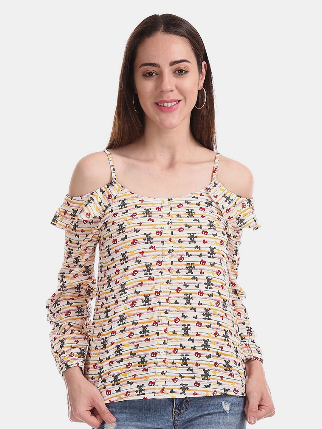 

V-Mart Cold-Shoulder Sleeves Floral Print Top, White