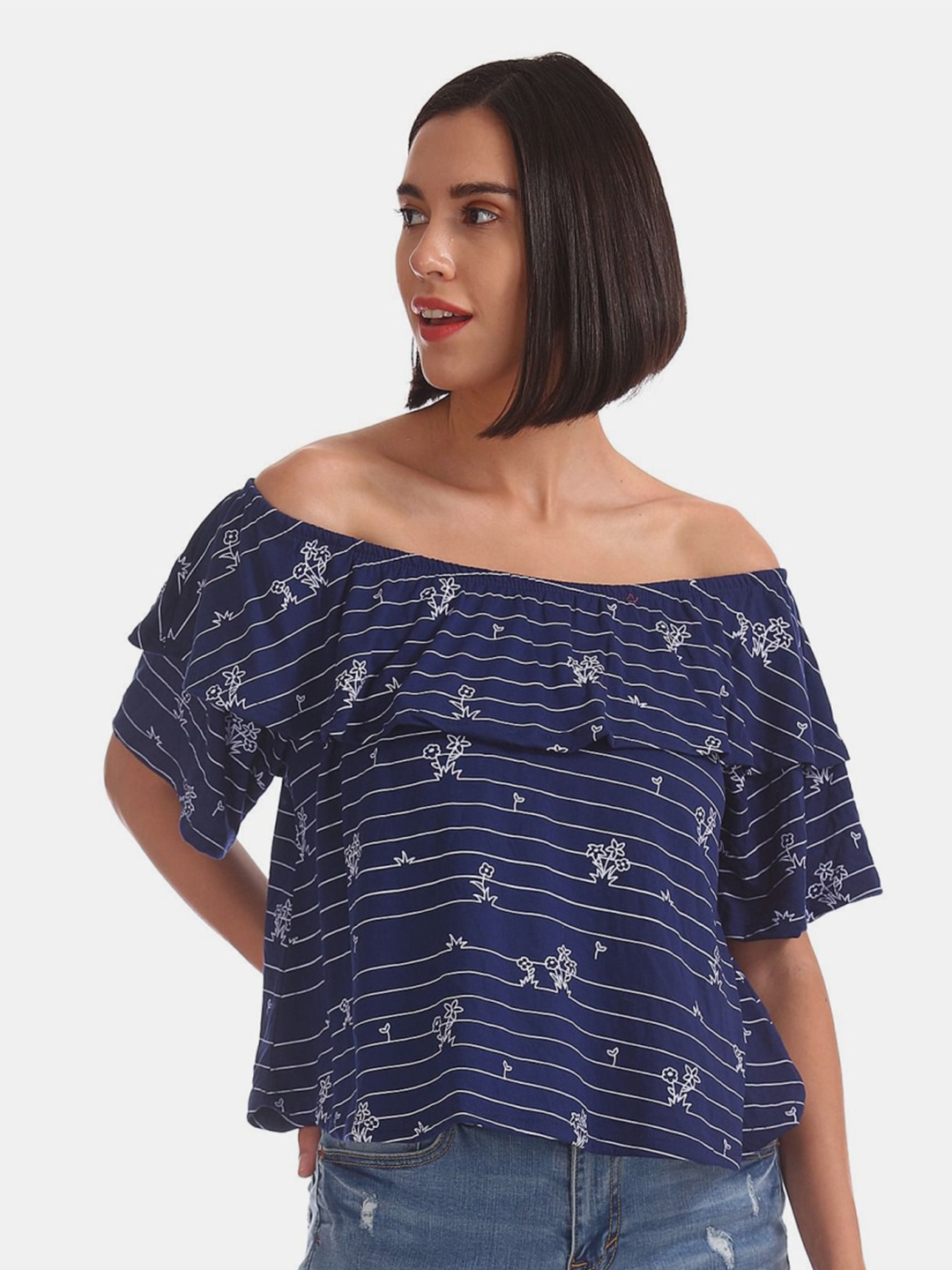 

V-Mart Floral Print Off-Shoulder Bardot Cotton Top, Navy blue