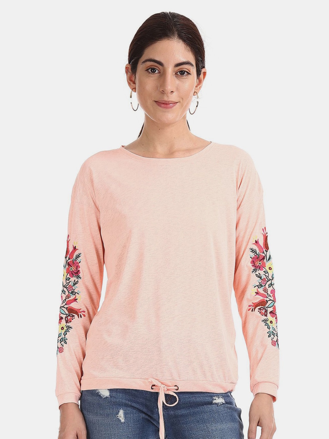 

V-Mart Embroidered Round Neck Cotton Top, Peach