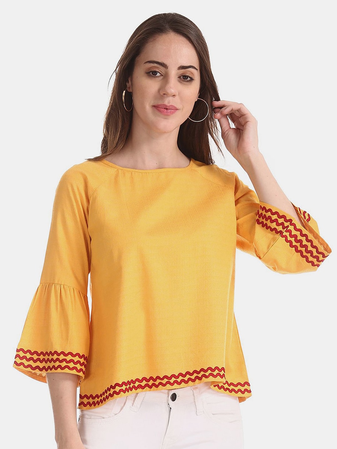 

V-Mart A-Line Boat Neck Bell Sleeve Cotton Top, Yellow