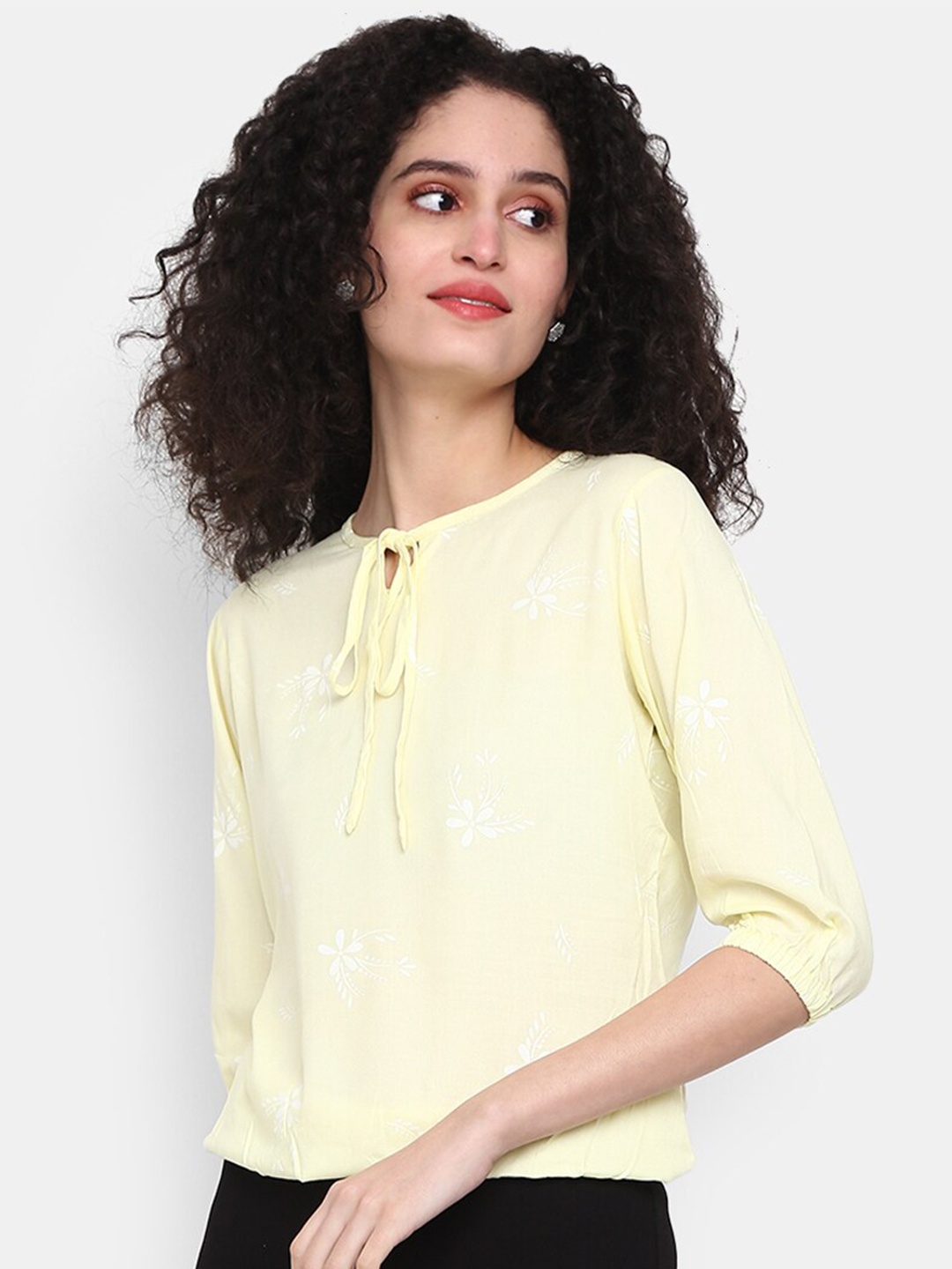 

V-Mart Floral Print Tie-Up Neck Top, Yellow
