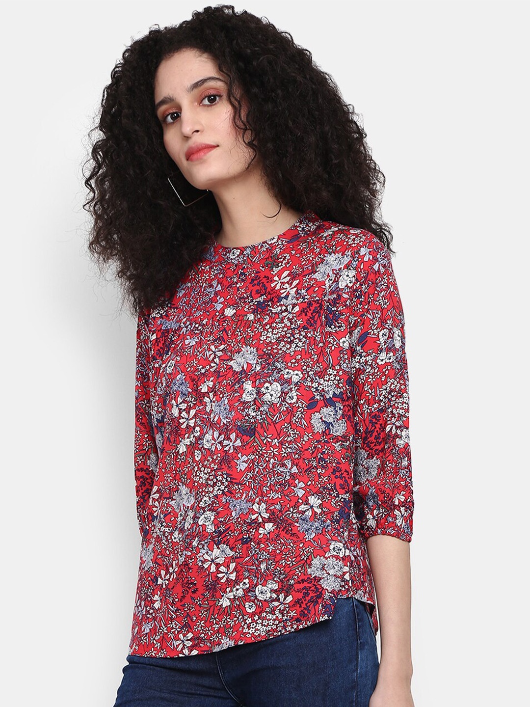 

V-Mart Round Neck Floral Print Gathered Top, Red