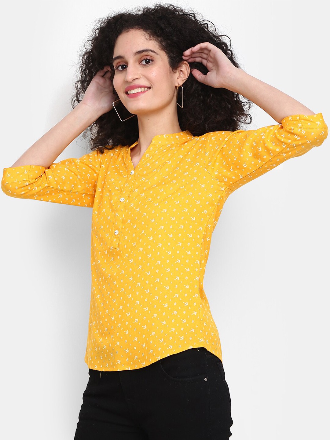 

V-Mart Printed Mandarin Collar Cotton Top, Mustard