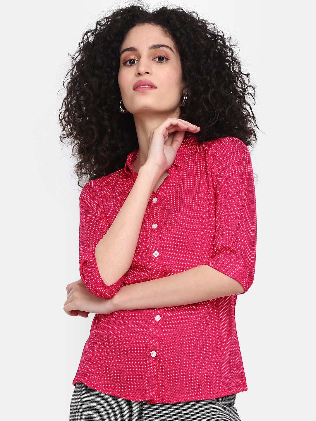 

V-Mart Polka Printed Shirt Style Cotton Top, Pink