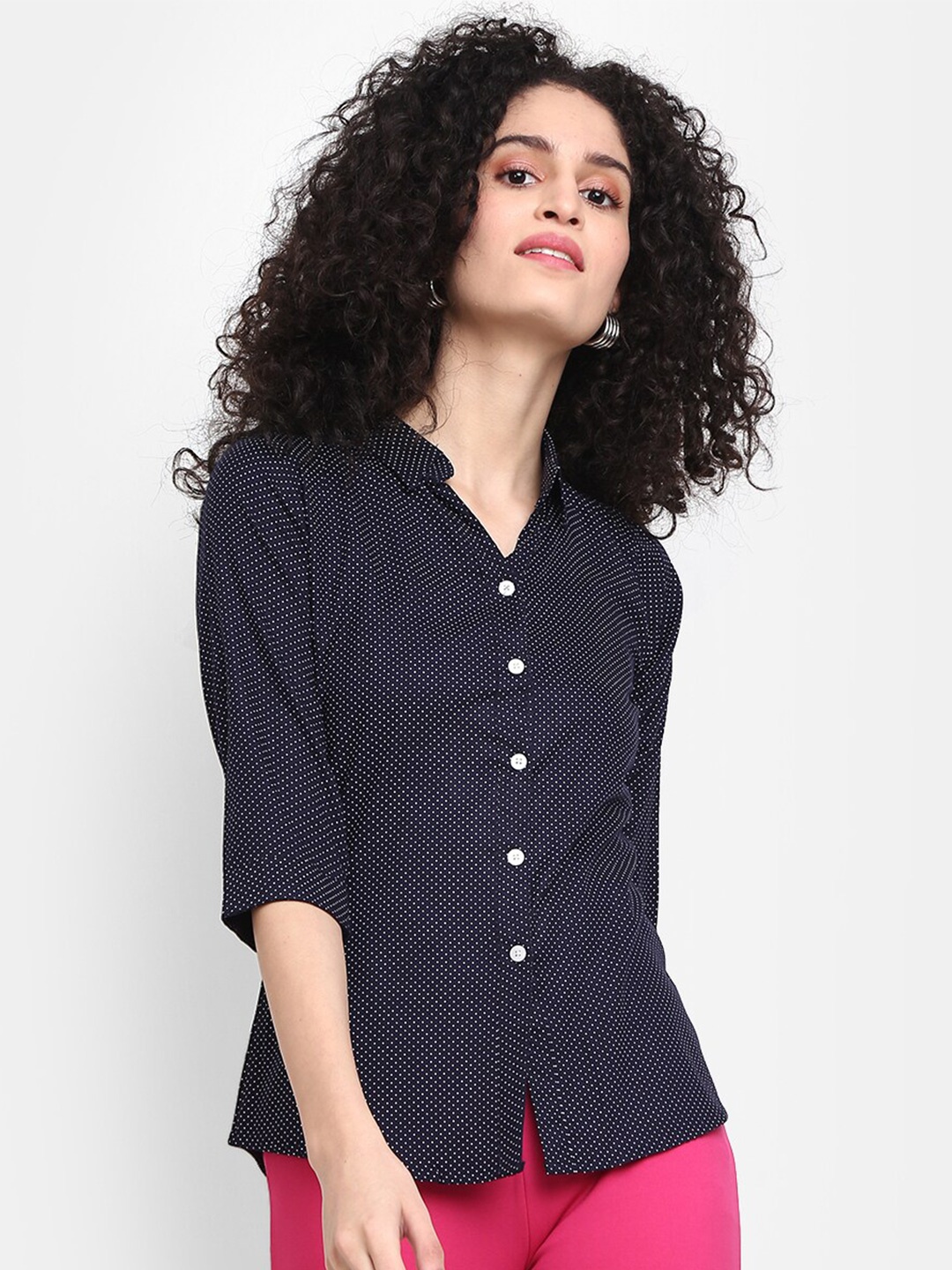 

V-Mart Printed Shirt Style Cotton Top, Navy blue