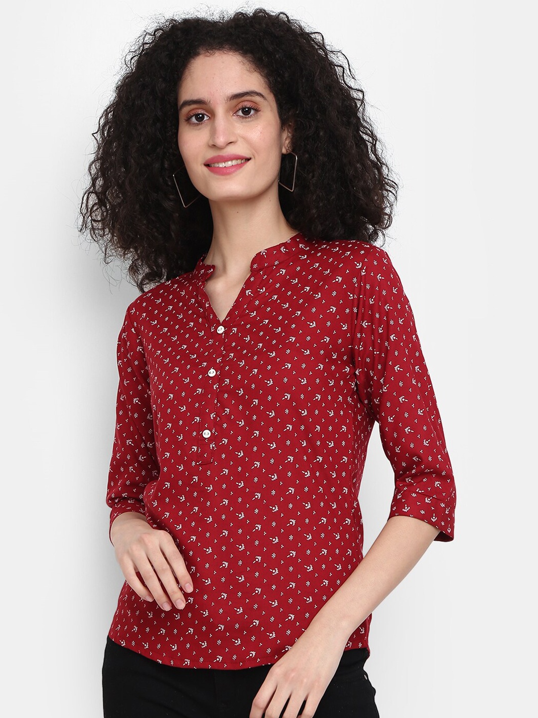 

V-Mart Print Mandarin Collar Shirt Style Top, Red