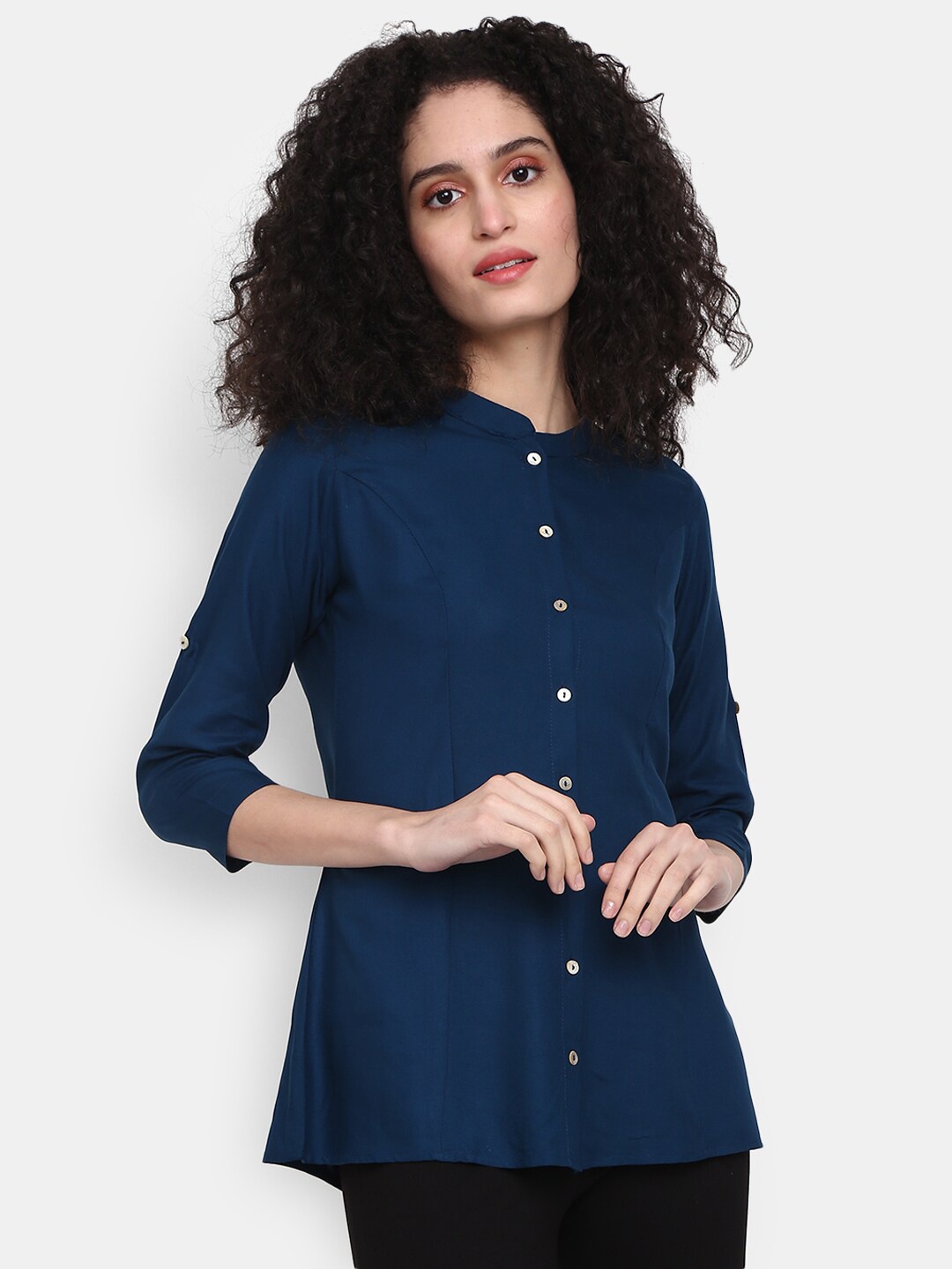 

V-Mart Mandarin Collar Roll-Up Sleeves Shirt Style Top, Teal