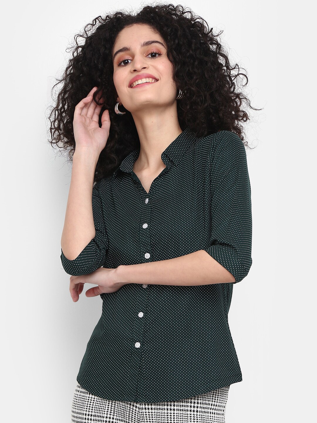 

V-Mart Polka Dots Print Shirt Collar Shirt Style Top, Green