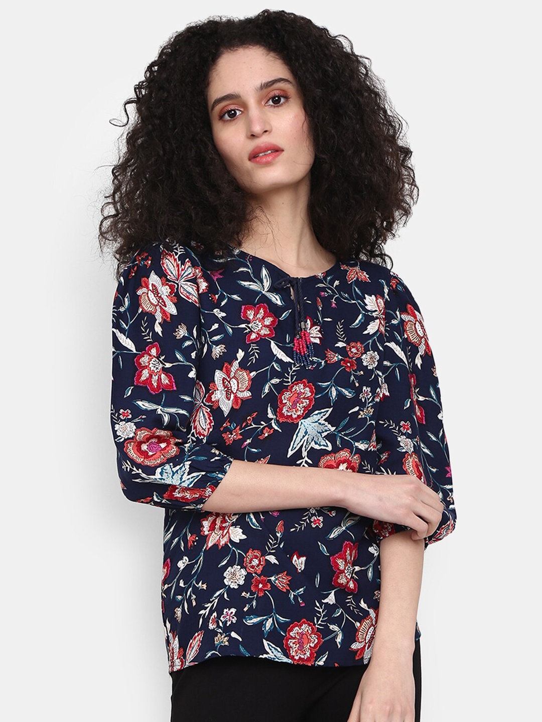 

V-Mart Floral Printed Puff Sleeves Tie-Up Neck Top, Navy blue