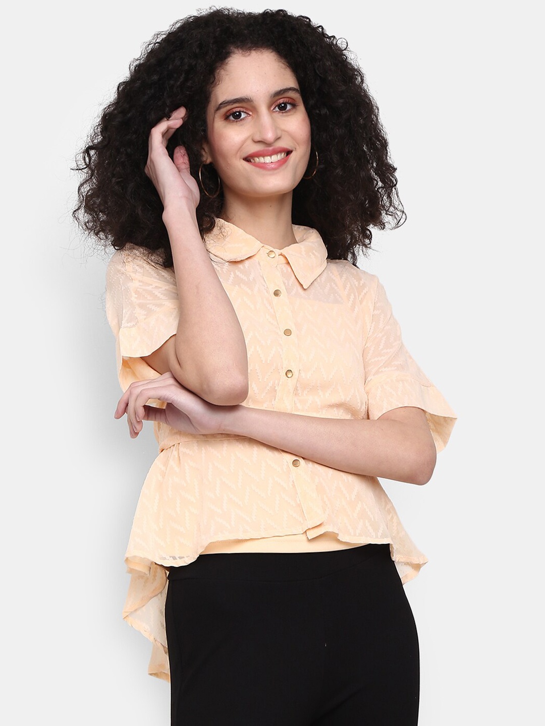 

V-Mart Self Design Shirt Style Cotton Top, Beige