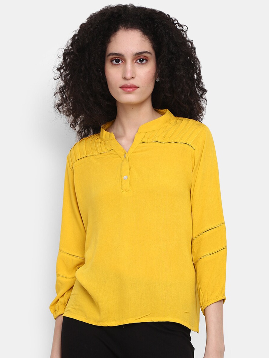 

V-Mart Mandarin Collar Cotton Top, Mustard