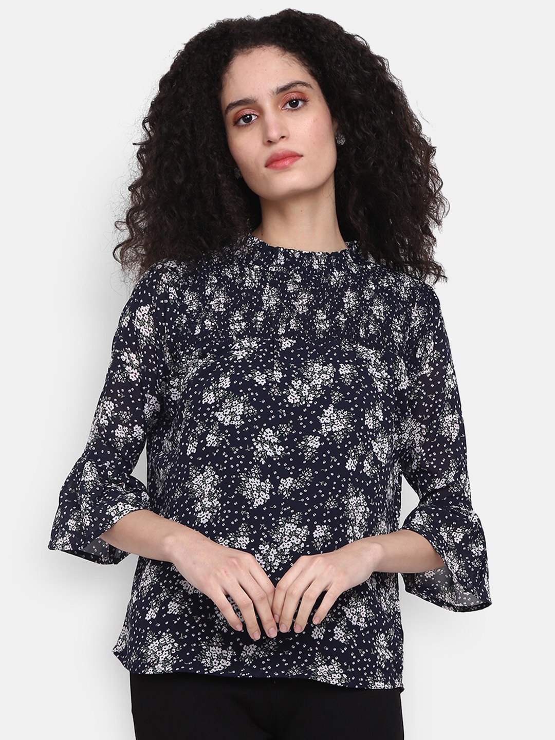 

V-Mart Floral Print Bell Sleeves Cotton Top, Navy blue
