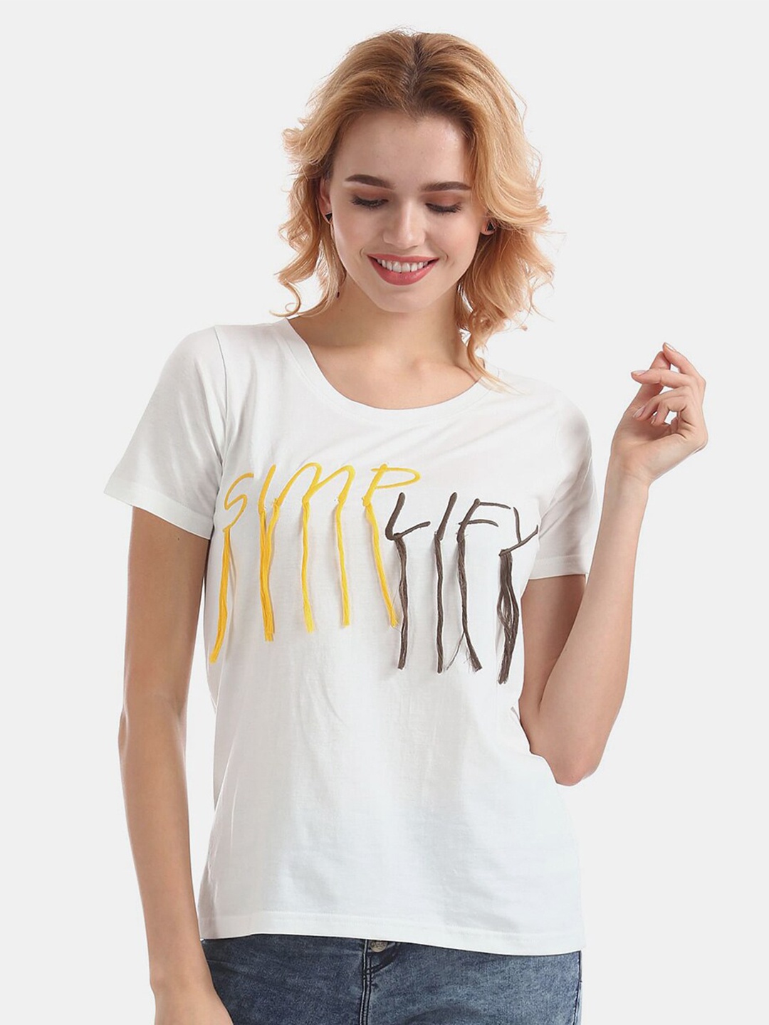 

V-Mart Typography Embroidered Cotton Top, White