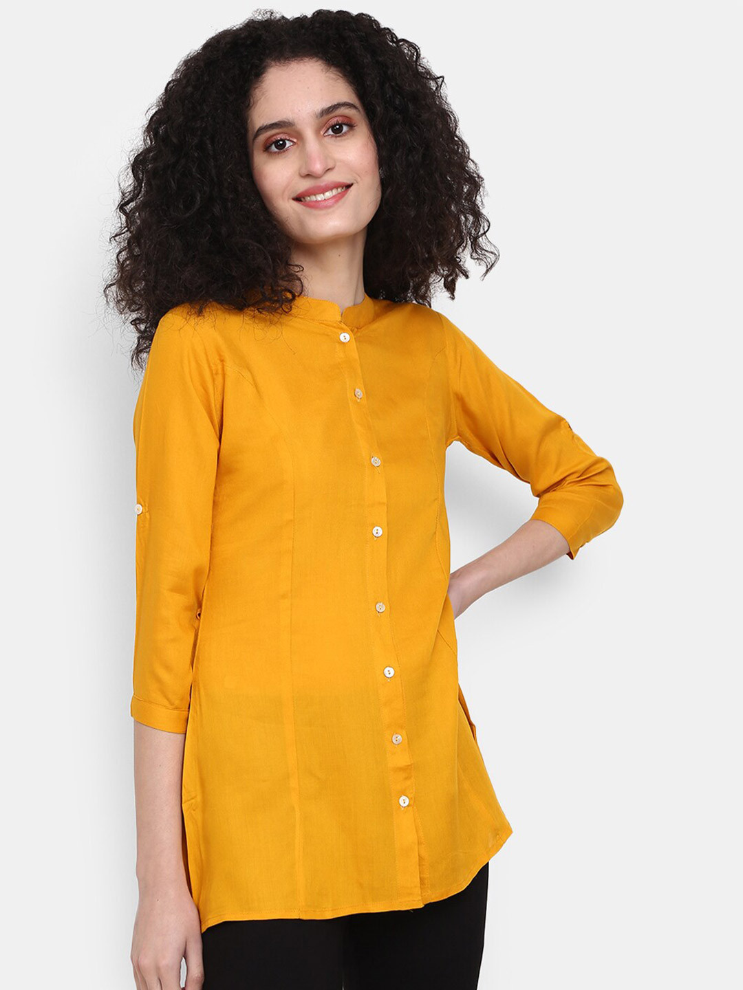 

V-Mart Mustard Mandarin Collar Shirt Style Top