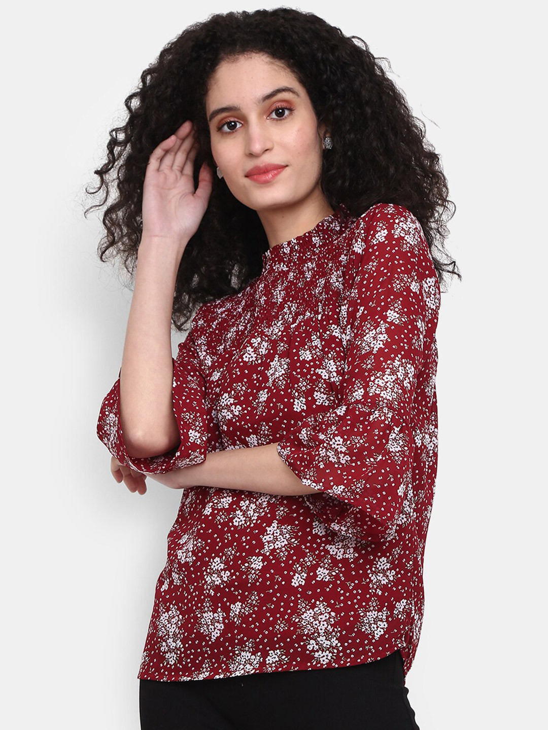

V-Mart Floral Print High Neck Cotton Top, Maroon