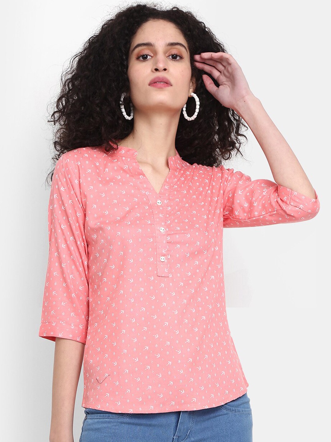 

V-Mart Geometric Print Mandarin Collar Shirt Style Top, Pink