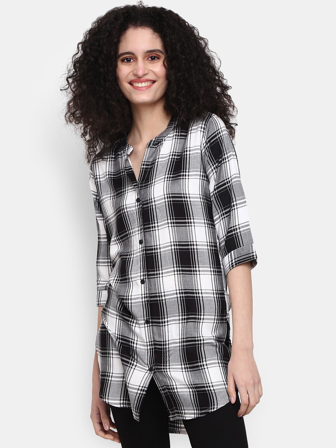 

V-Mart White Checked Tie-Up Neck Top