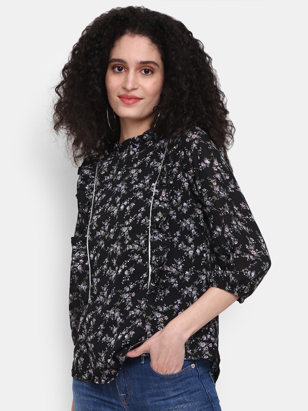

V-Mart Floral Print Tie-Up Neck Cotton Top, Black