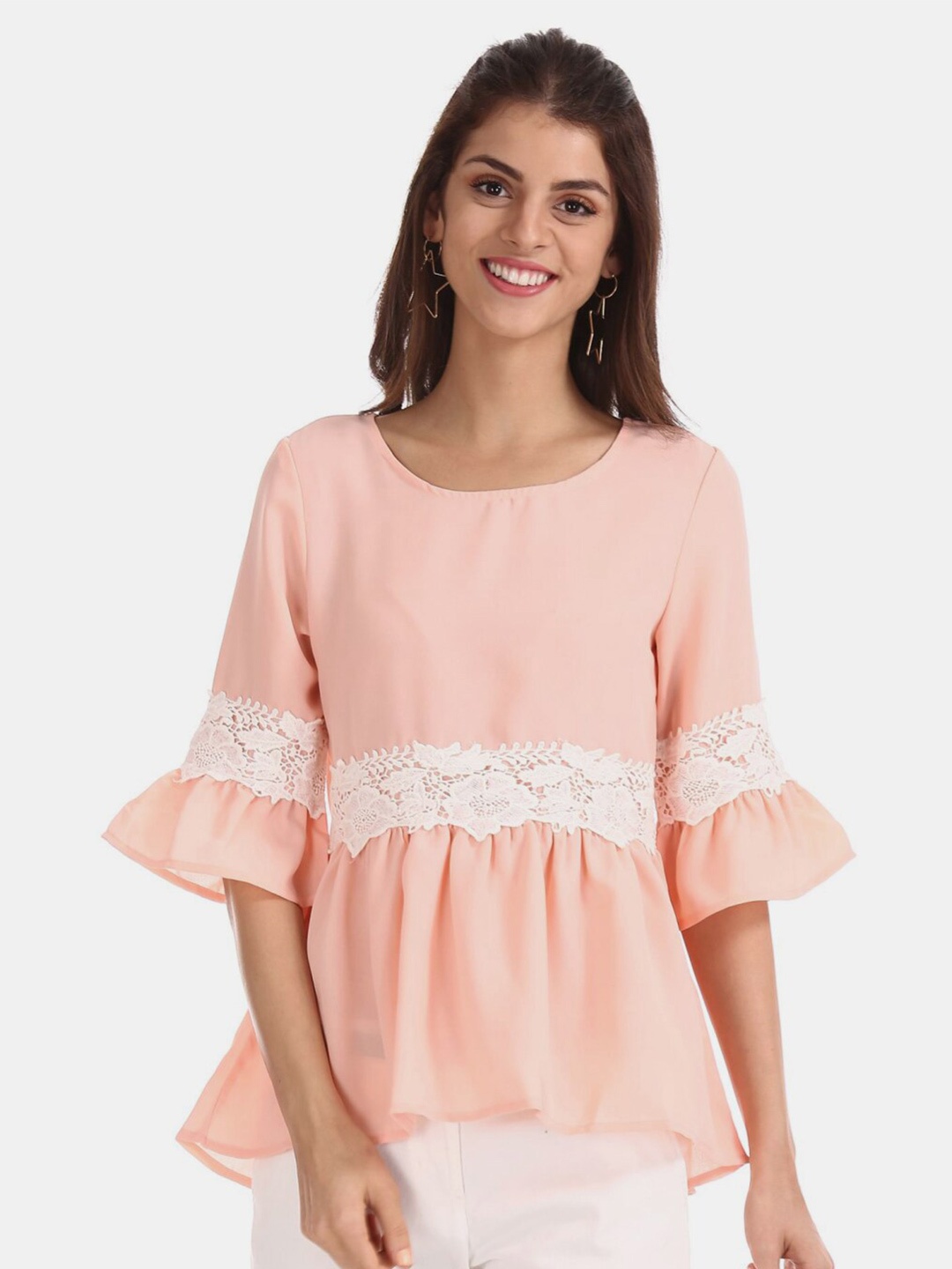 

V-Mart Bell Sleeves Lace Up Cotton Peplum Regular Length Top, Pink