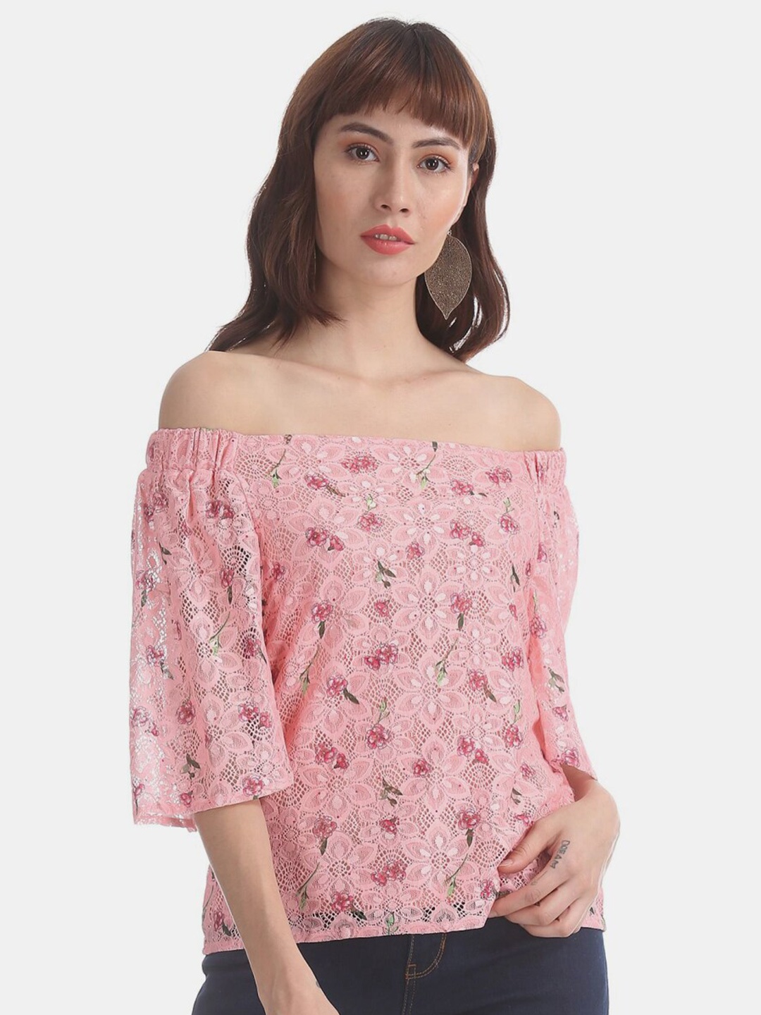 

V-Mart Floral Print Off-Shoulder Bardot Cotton Top, Pink