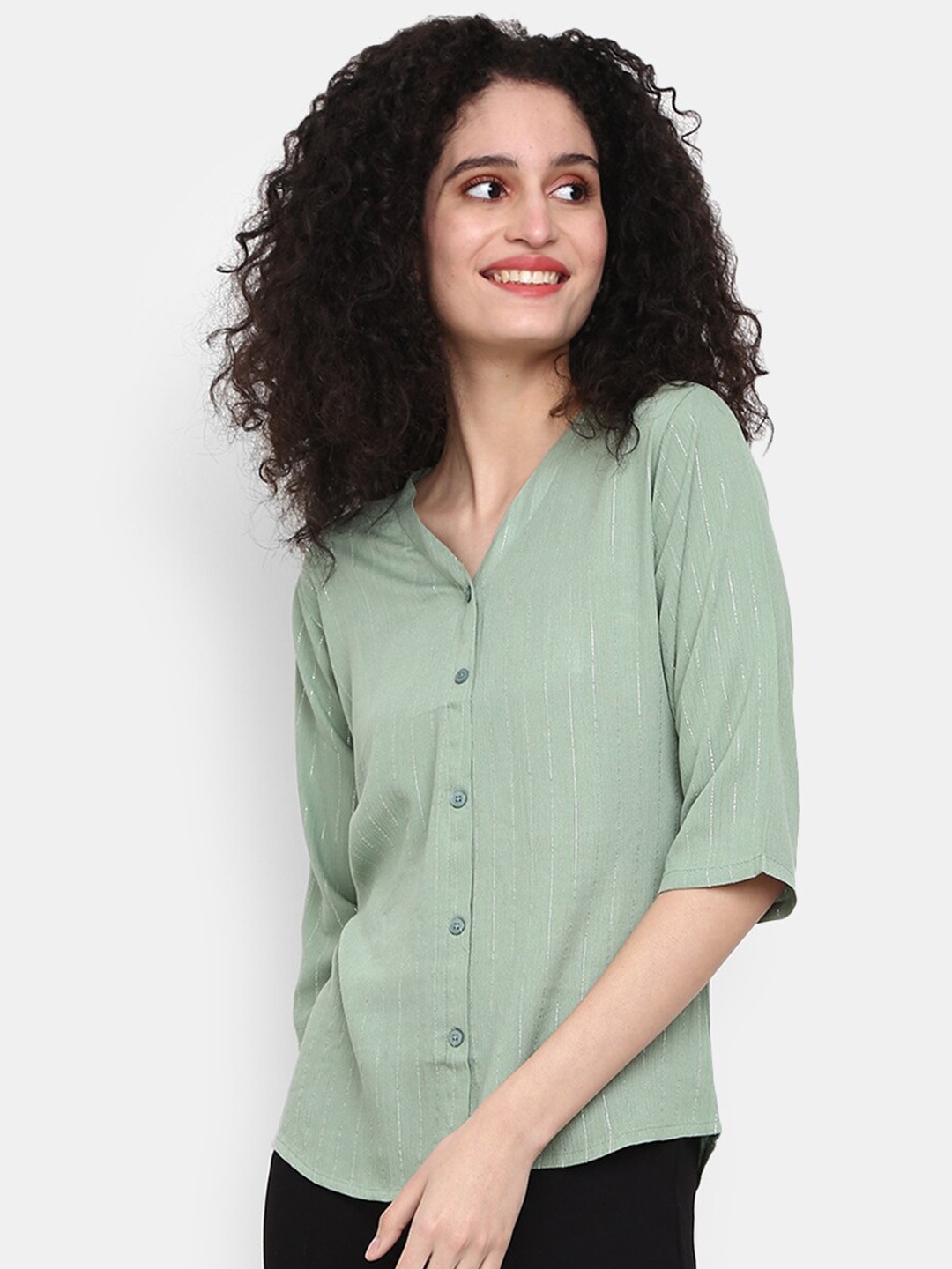 

V-Mart Striped Shirt Style Cotton Top, Green