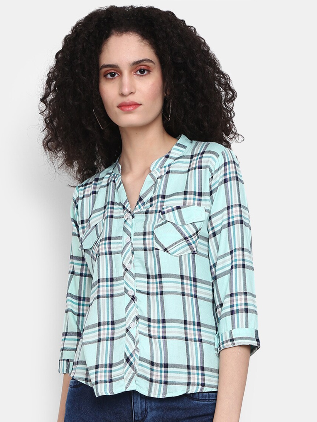 

V-Mart Checked Shirt Style Crop Top, Sea green
