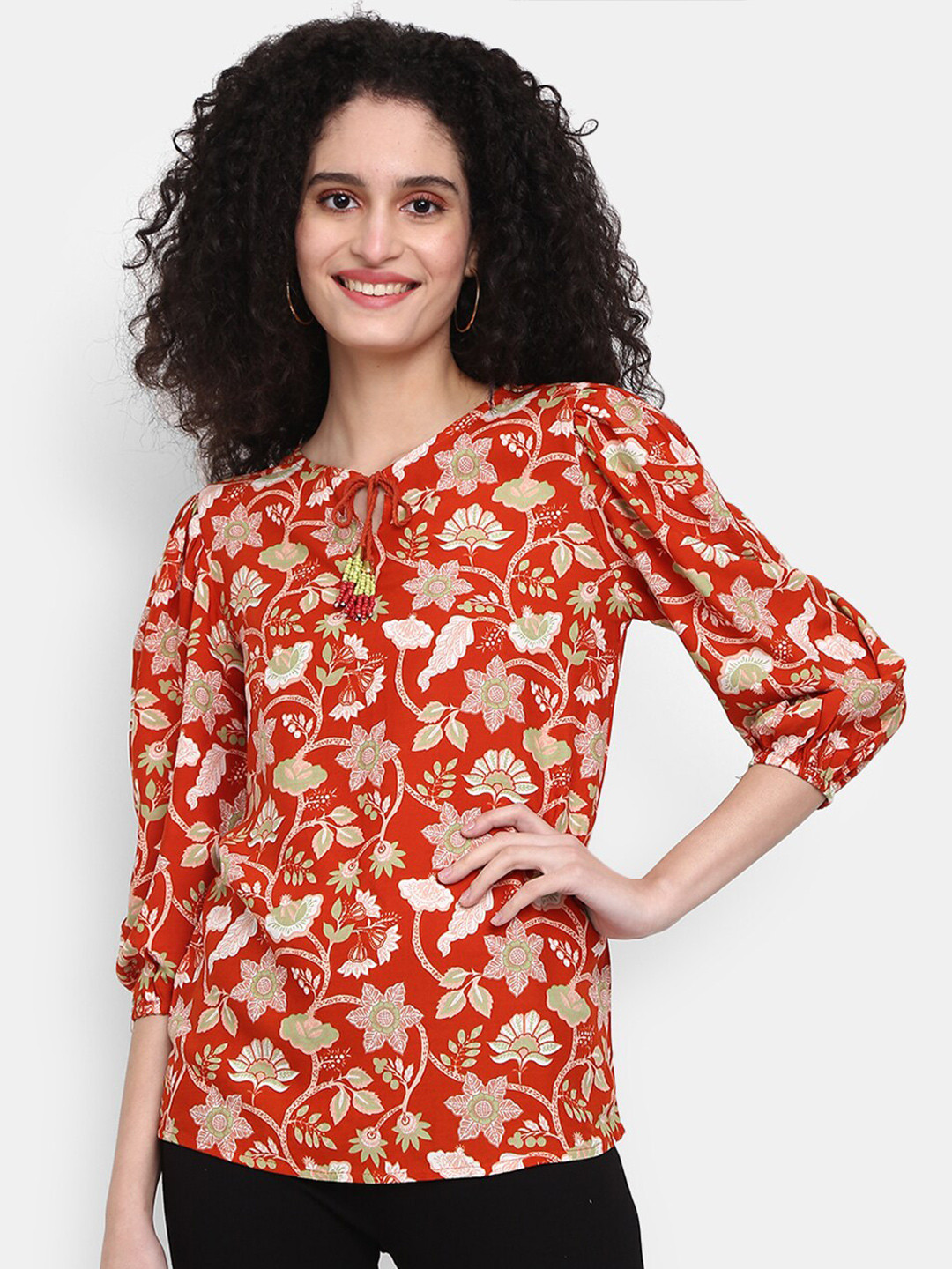 

V-Mart Floral Print Tie-Up Neck Top, Rust