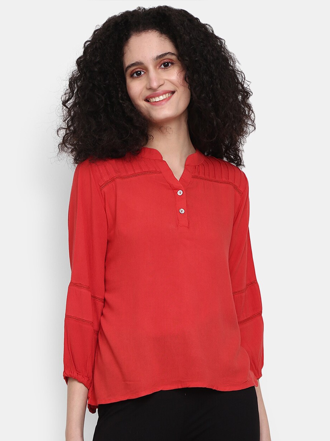 

V-Mart Mandarin Collar Cotton Top, Red