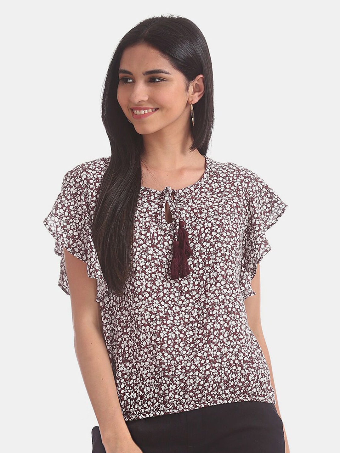 

V-Mart Floral Printed Tie-Up Neck Flared Sleeves Top, Brown
