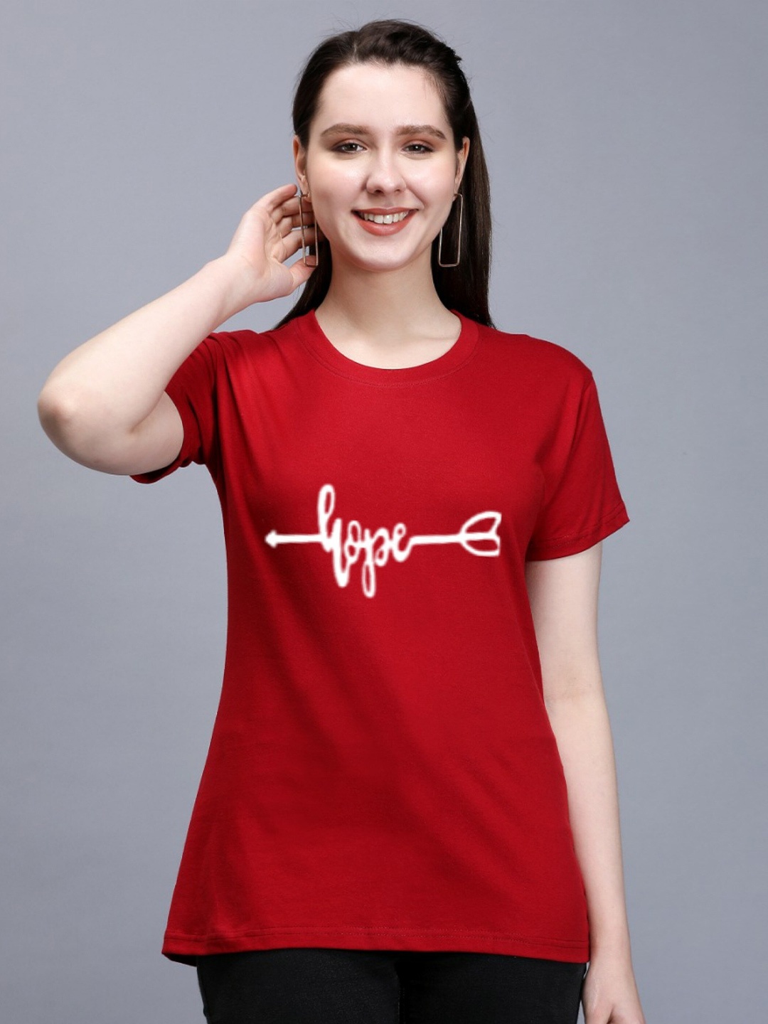 

TRENDY RABBIT Women Typography Printed Cotton T-shirt, Red