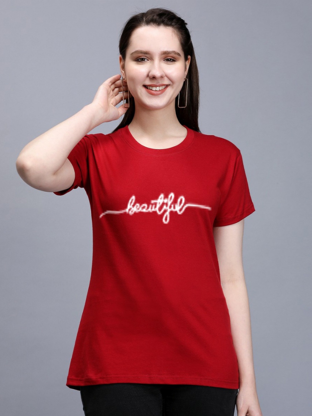 

TRENDY RABBIT Women Printed Cotton T-shirt, Red