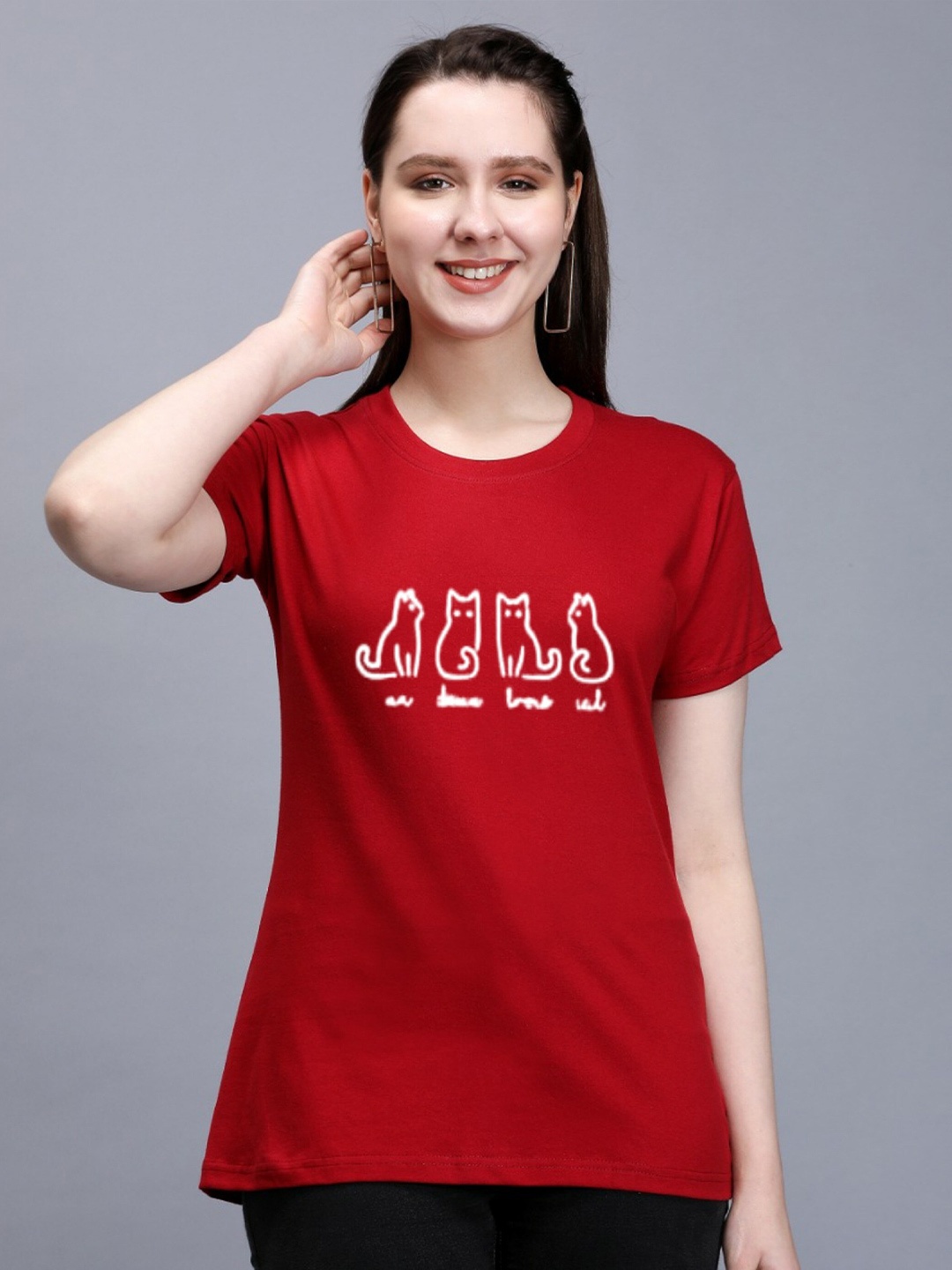 

TRENDY RABBIT Women Conversational Printed Cotton T-shirt, Red