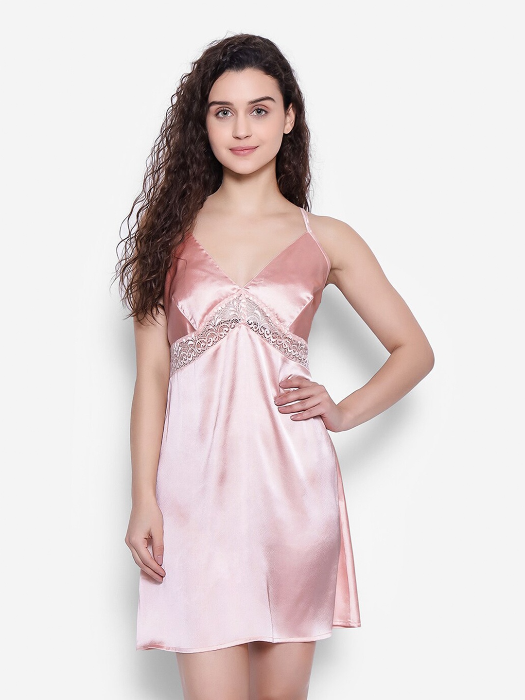 

Clovia Chic Basic Short Night Dress Satin Baby Doll, Beige