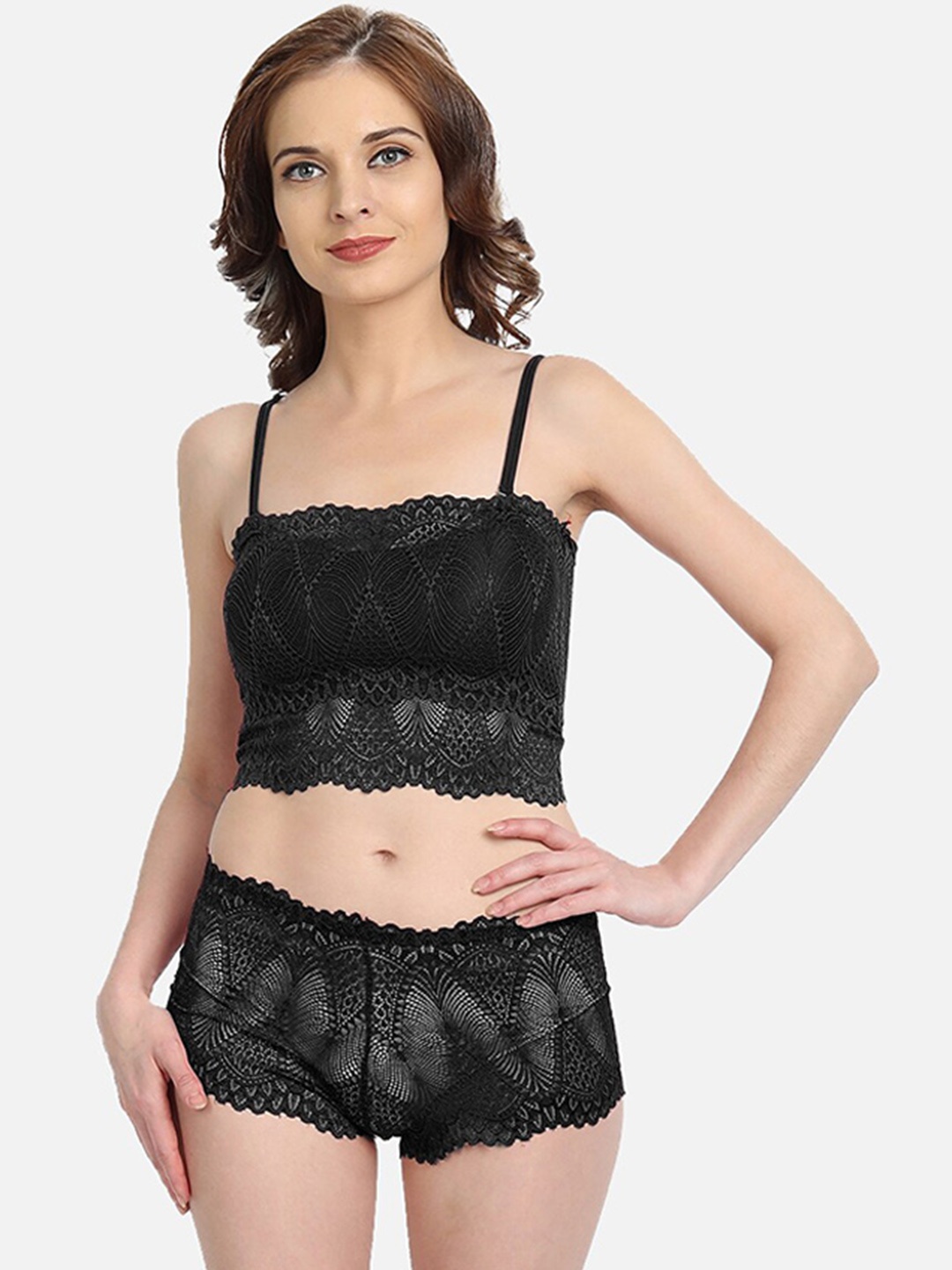 

DEALSEVEN FASHION Self-Design Lingerie Set, Black
