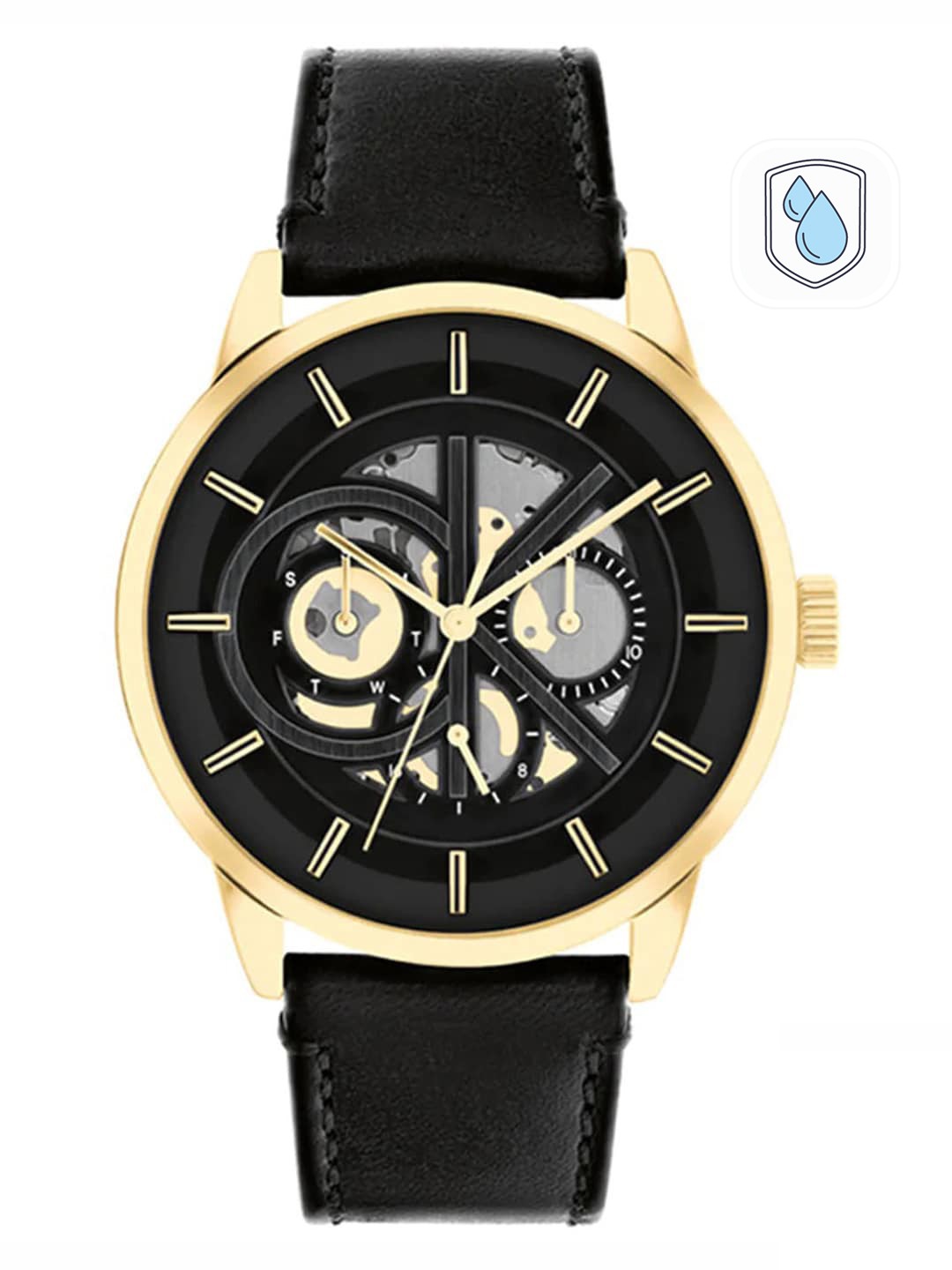 

Calvin Klein Men Modern Skeleton Leather Analogue Multi Function Watch 25200217-Black