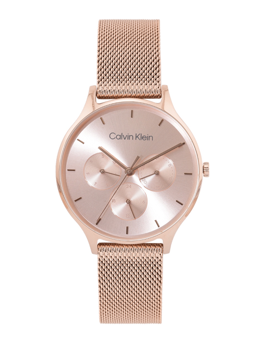 

Calvin Klein Women Timeless Mesh Mf Bracelet Style Analogue Multi Function Watch 25200102, Rose gold