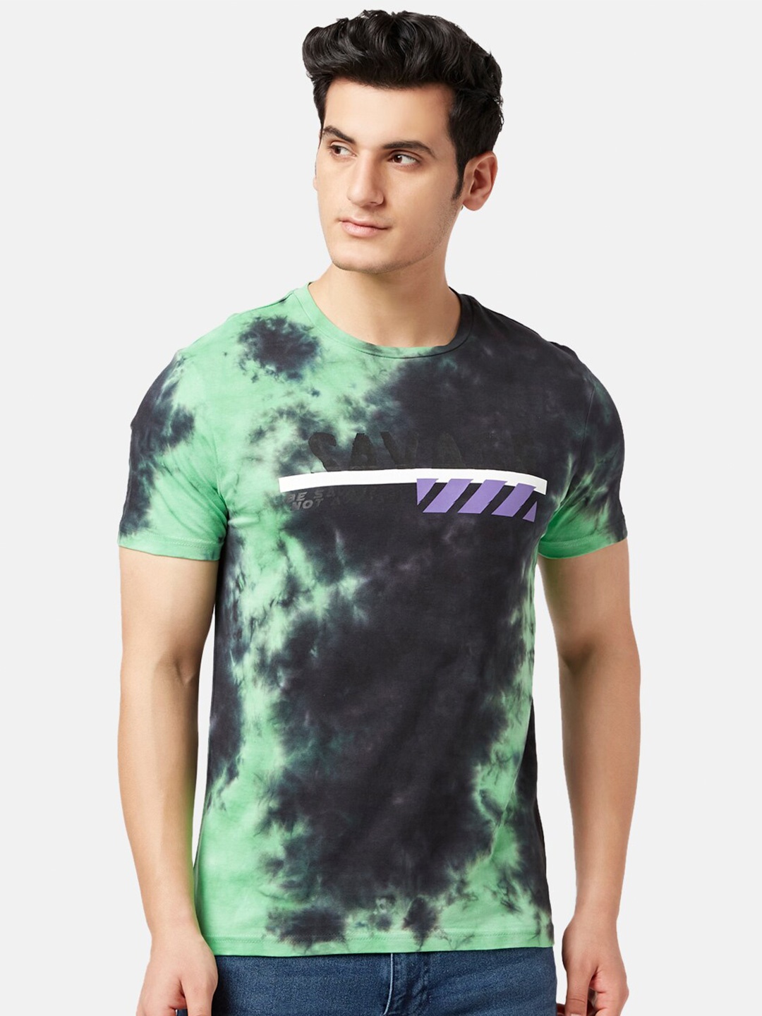 

People Men Tie and Dye Slim Fit Cotton T-shirt, Green