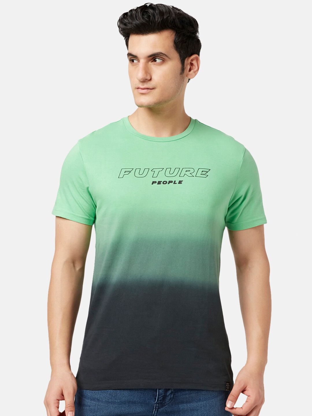 

People Men Printed Slim Fit Pure Cotton T-shirt, Green