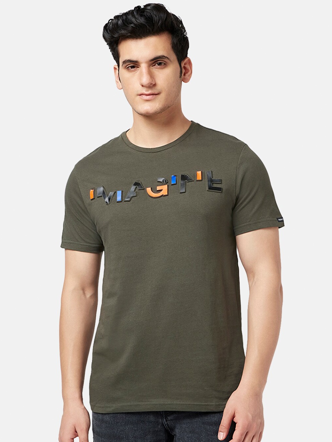 

People Men Printed Slim Fit Pure Cotton T-shirt, Olive