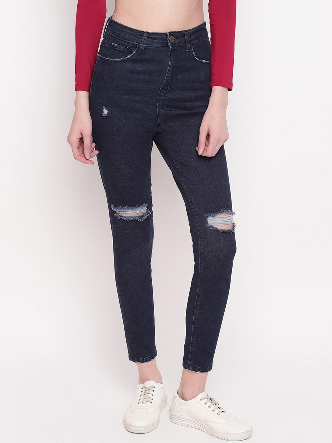 

Belliskey Women Skinny Fit High-Rise Mildly Distressed Cotton Jeans, Blue