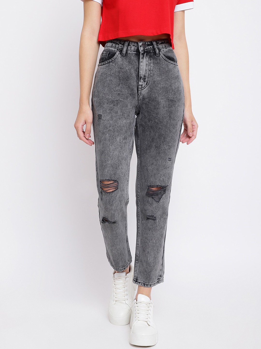 

Belliskey Women Boyfriend Fit Mildly Distressed Light Fade Non Stretchable Cotton Jeans, Grey