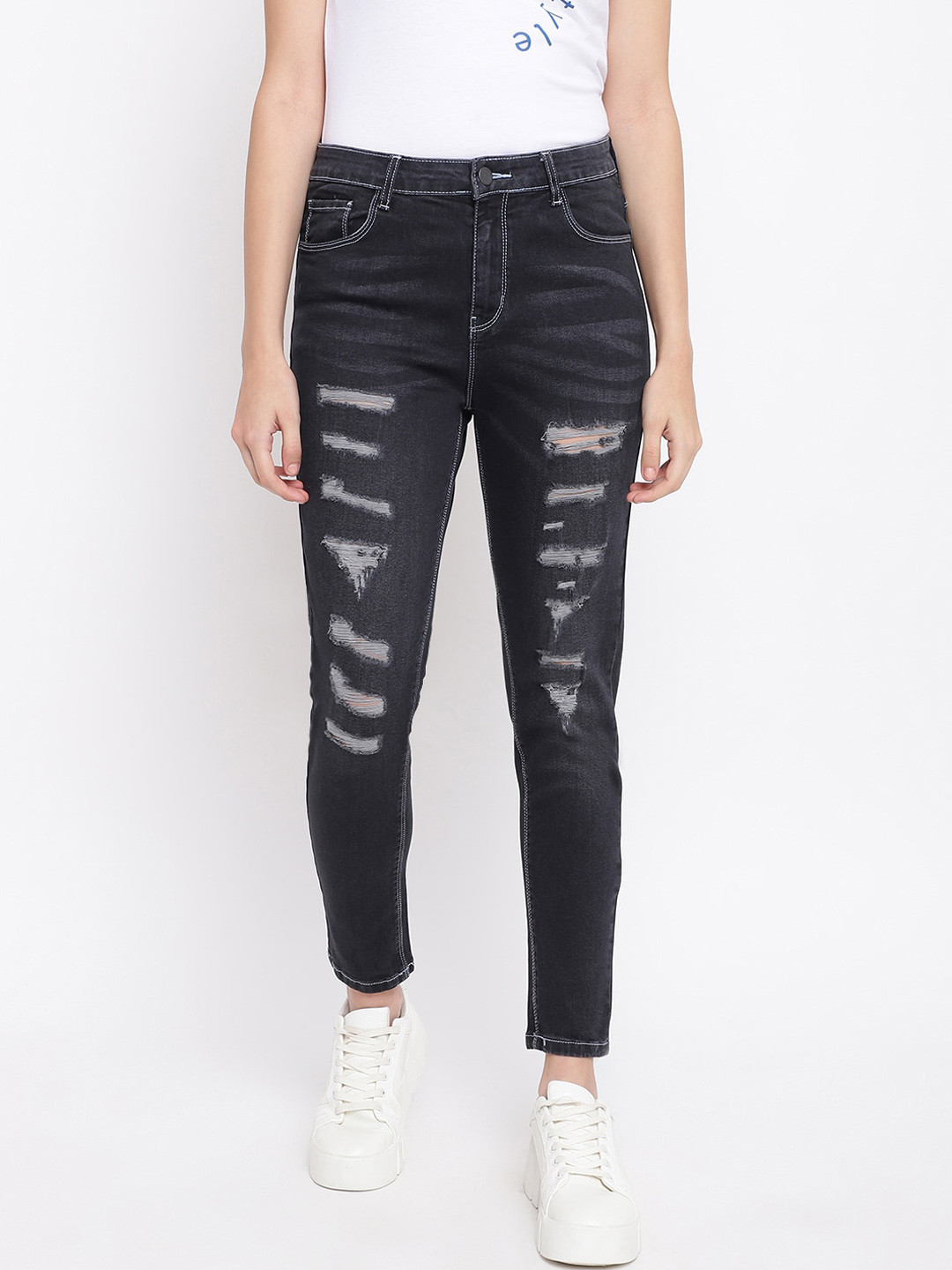 

Belliskey Women Slim Fit High-Rise Highly Distressed Light Fade Jeans, Black