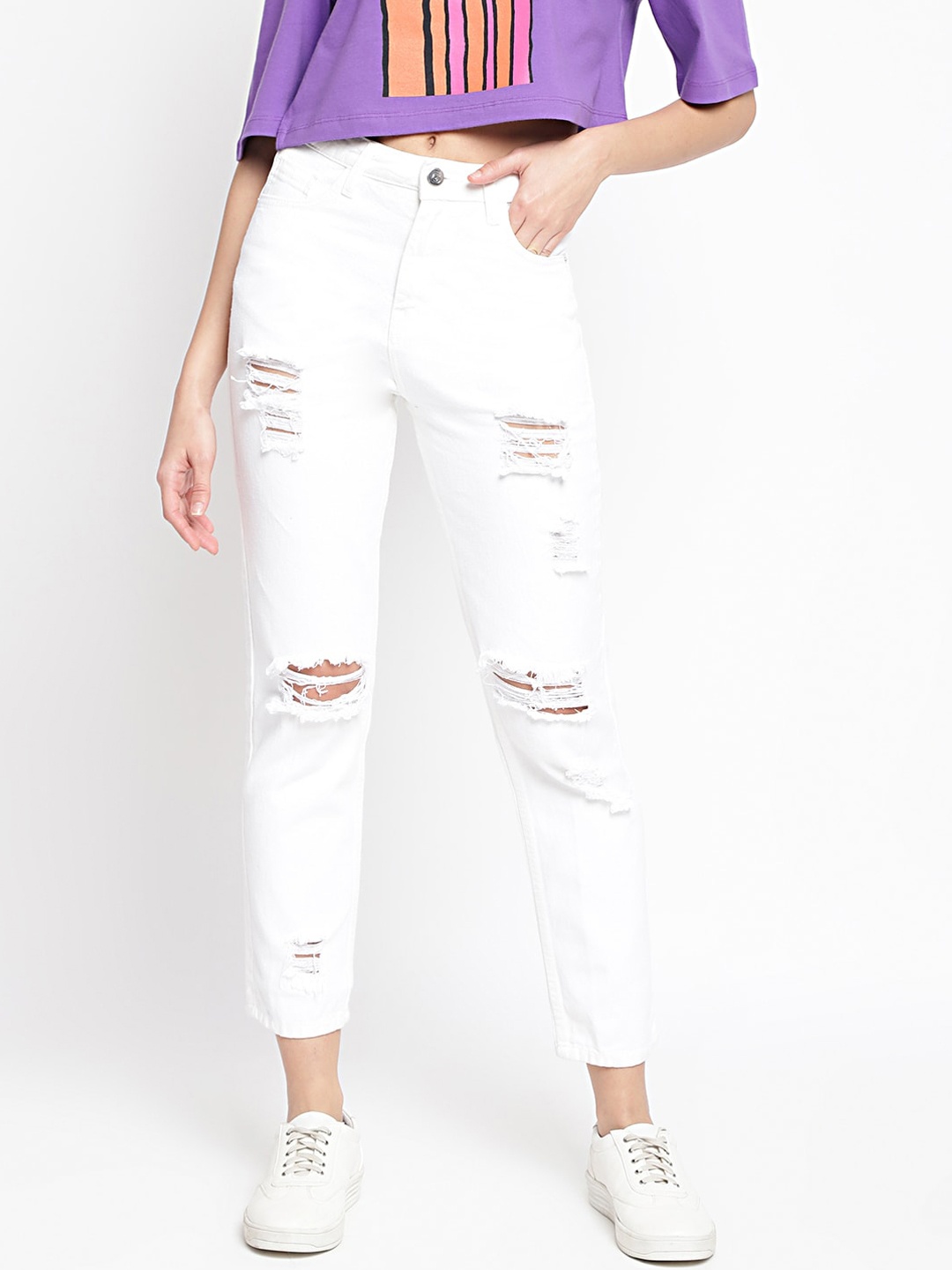

Belliskey Women High-Rise Highly Distressed Cotton Jeans, White