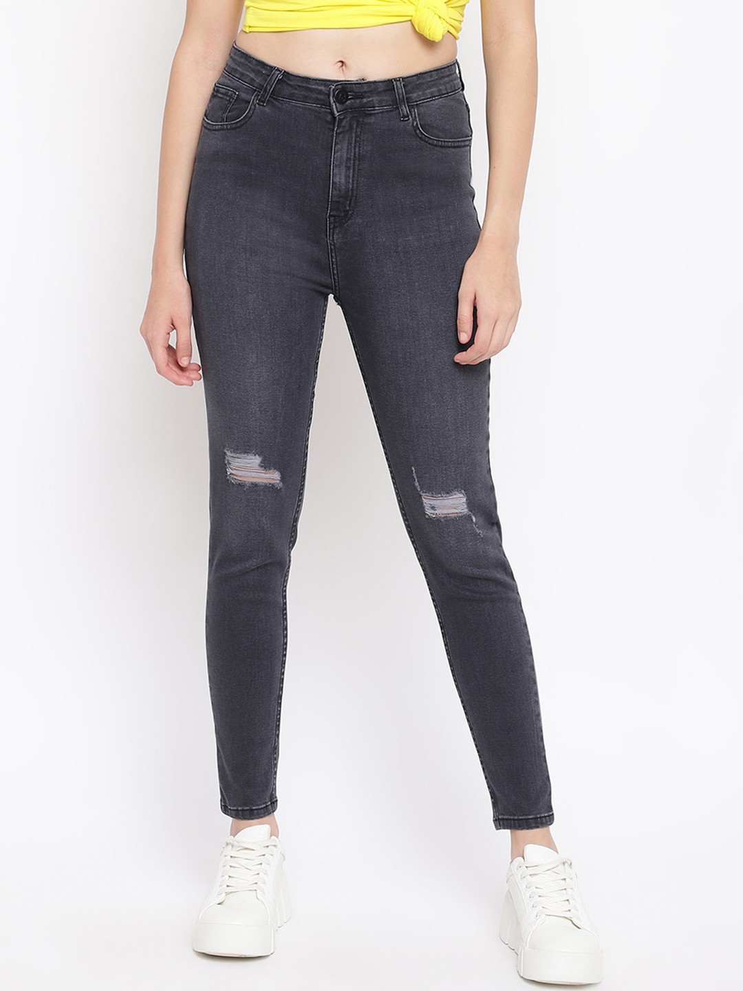 

Belliskey Women Slim Fit High-Rise Low Distressed Light Fade Cotton Jeans, Black