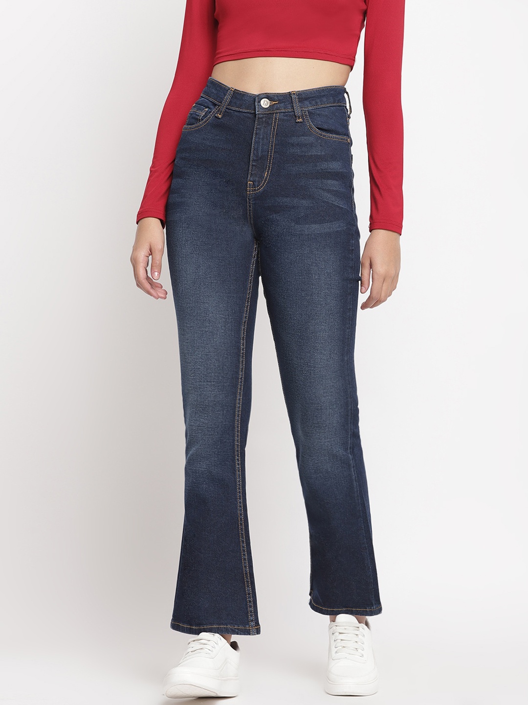 

Belliskey Women Bootcut High-Rise Light Fade Stretchable Cotton Bootcut Jeans, Blue