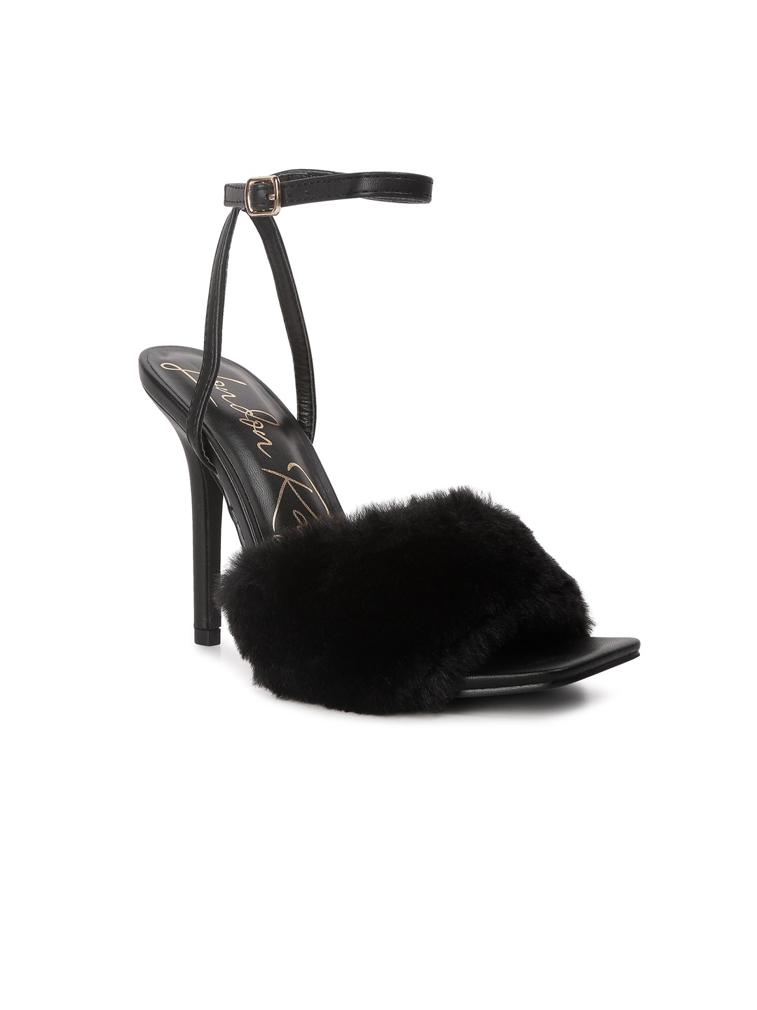 

London Rag Fur Embellished Stiletto Heels, Black