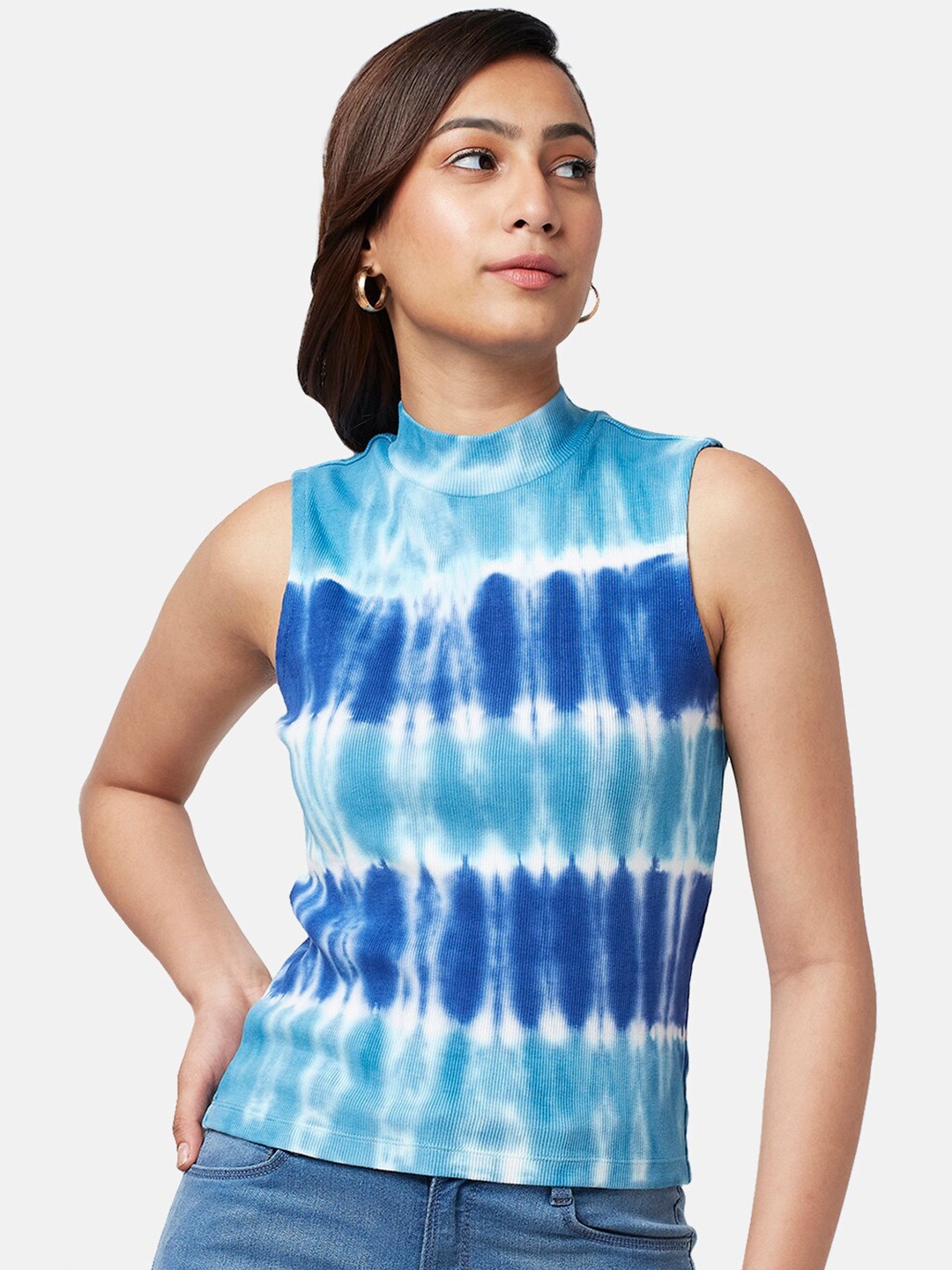 

People Women Tie-Dye High Neck Slim Fit T-shirt, Blue