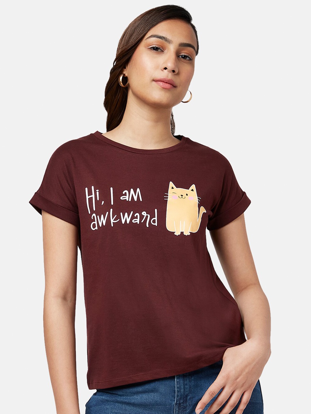 

People Women Typography Printed Cotton T-shirt, Brown