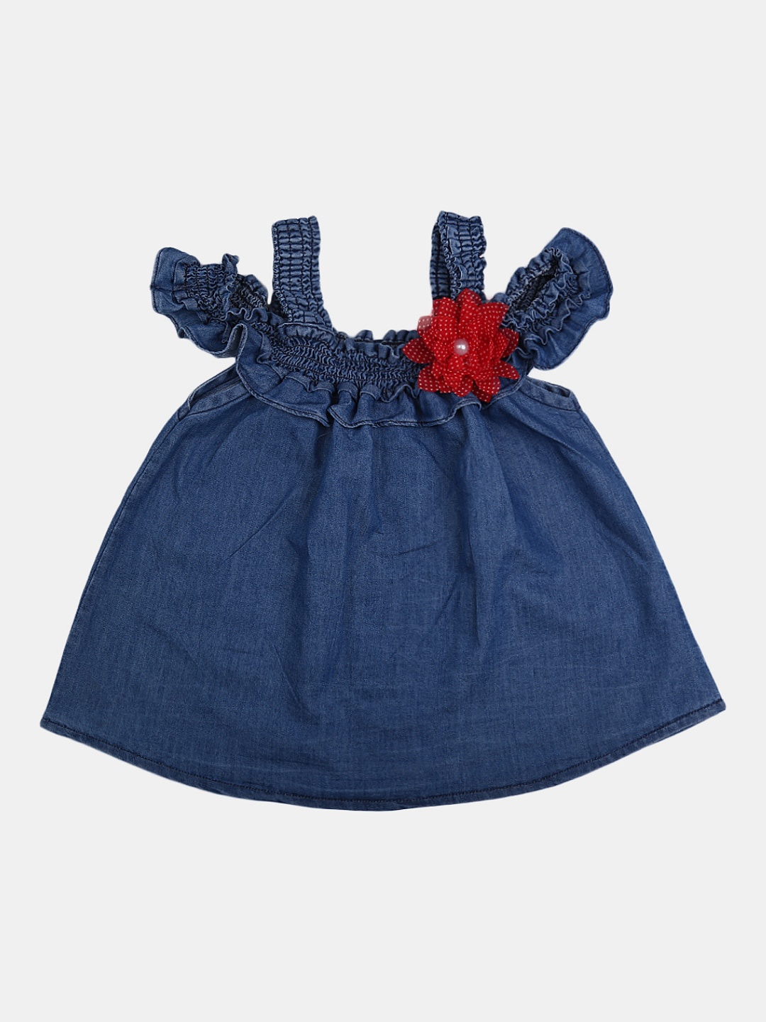 

V-Mart Girls Shoulder Straps Smocked Denim Top, Blue