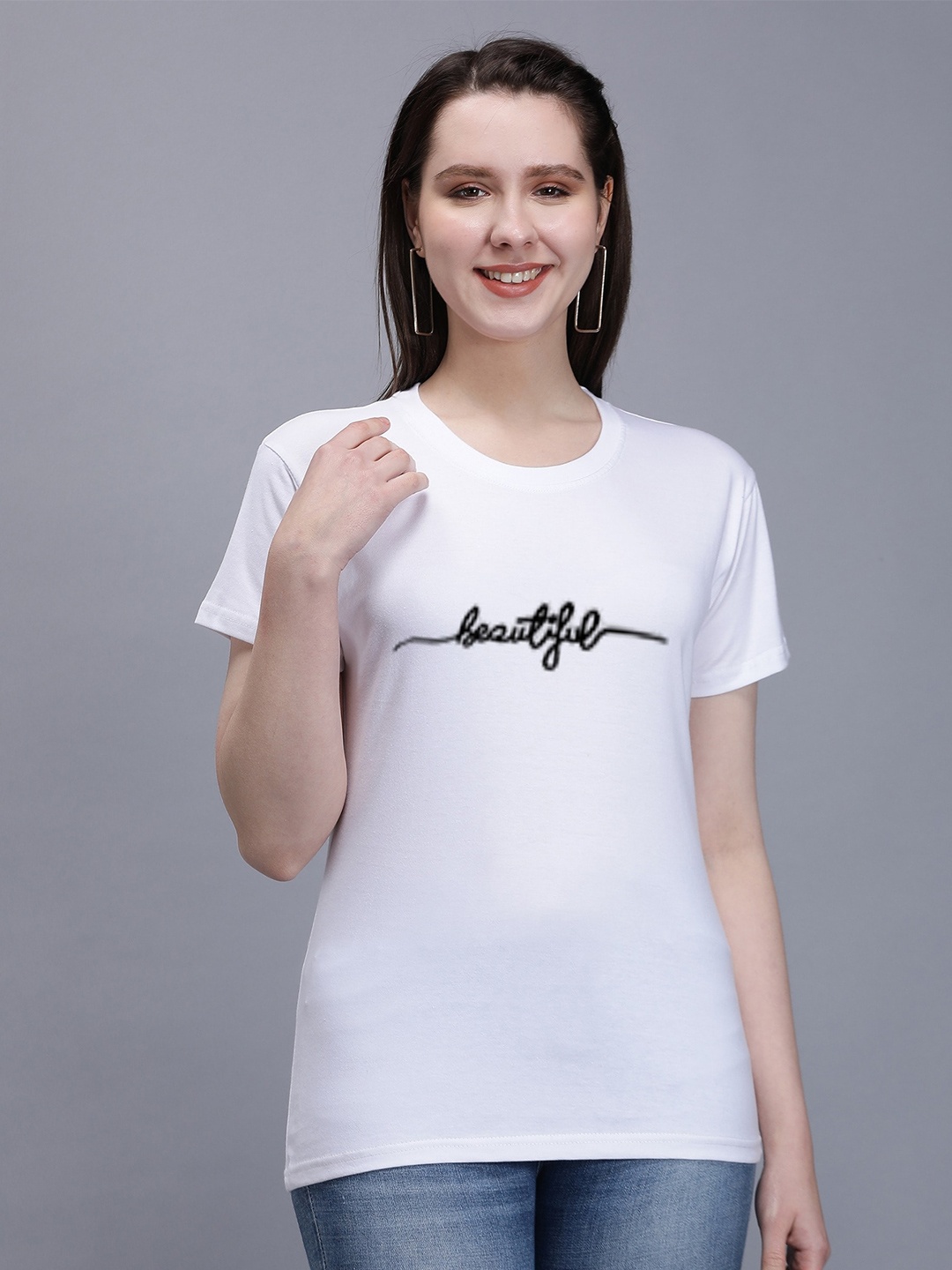 

TRENDY RABBIT Women Typography Printed Cotton T-shirt, White